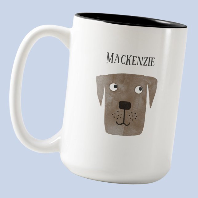 Fun Chocolate Labrador Retriever Dog Personalized Two-Tone Coffee Mug (Fun personalized custom name watercolor dog mug for animal lovers)