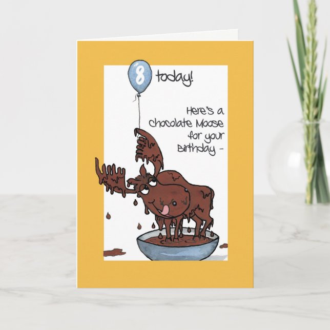Fun Chocolate Moose with Balloon 8th Birthday Card (Front)