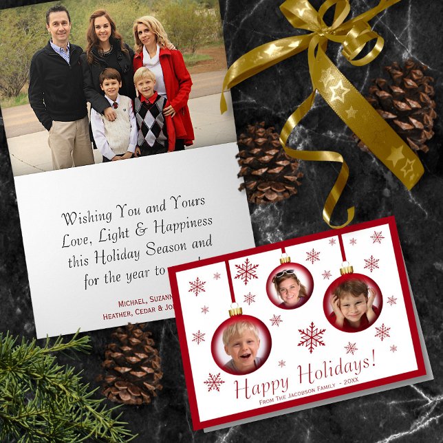 Fun Christmas Ball Ornament 3 Photo Happy Holidays Card (In Situ Front/Inside)