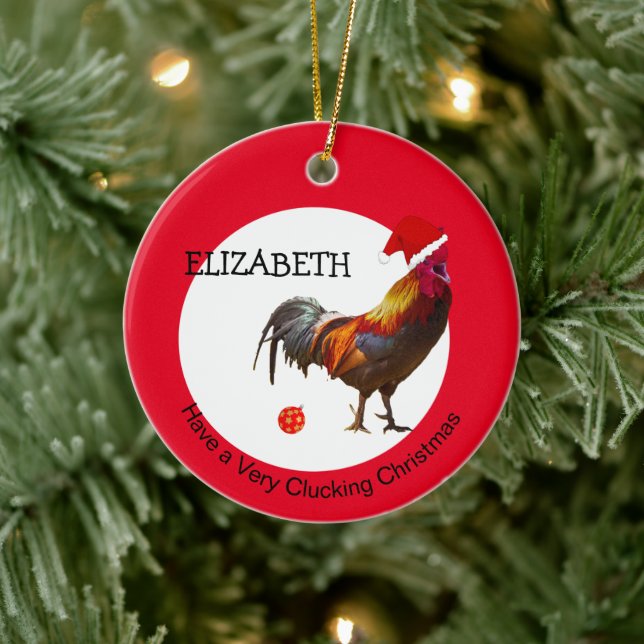 Fun Christmas Chicken Greeting Red Ceramic Ornamen Ornament (Tree)