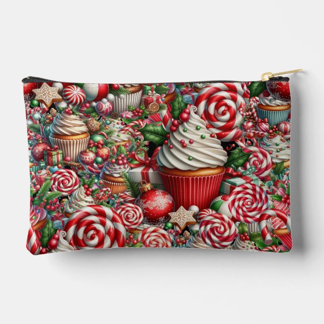 Fun Christmas Cupcakes Red Stripe Canes Accessory Pouch (Back)