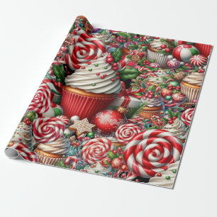 Fun Christmas Cupcakes Red Stripe Canes Wrapping Paper