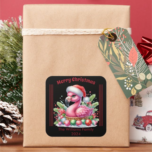 Fun Christmas flamingo with a personalized touch Square Sticker (Holiday)