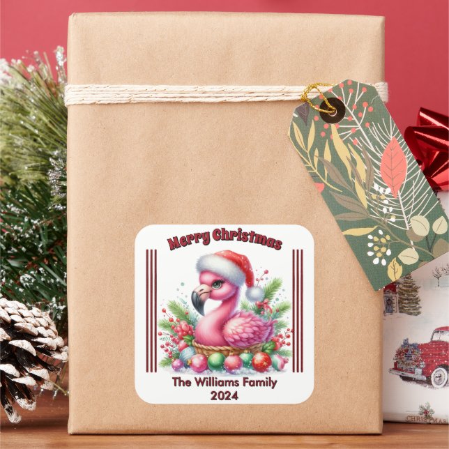 Fun Christmas flamingo with a personalized touch w Square Sticker (Holiday)