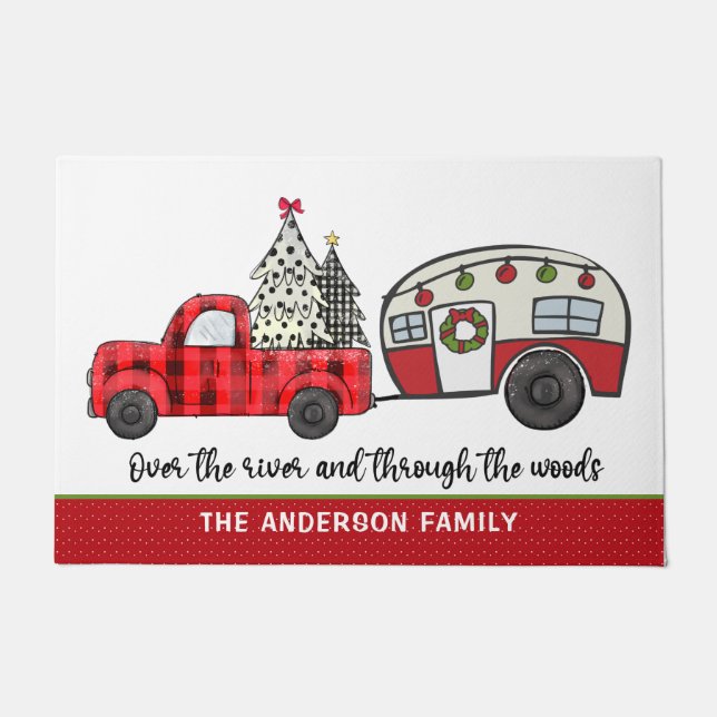 Fun Christmas Holidays Festive Plaid Caravan Name Doormat (Front)