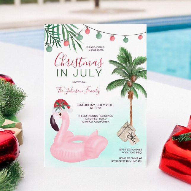 Fun Christmas in July beach tropical flamingo Invitation (Fun Christmas in July beach tropical flamingo Invitation)