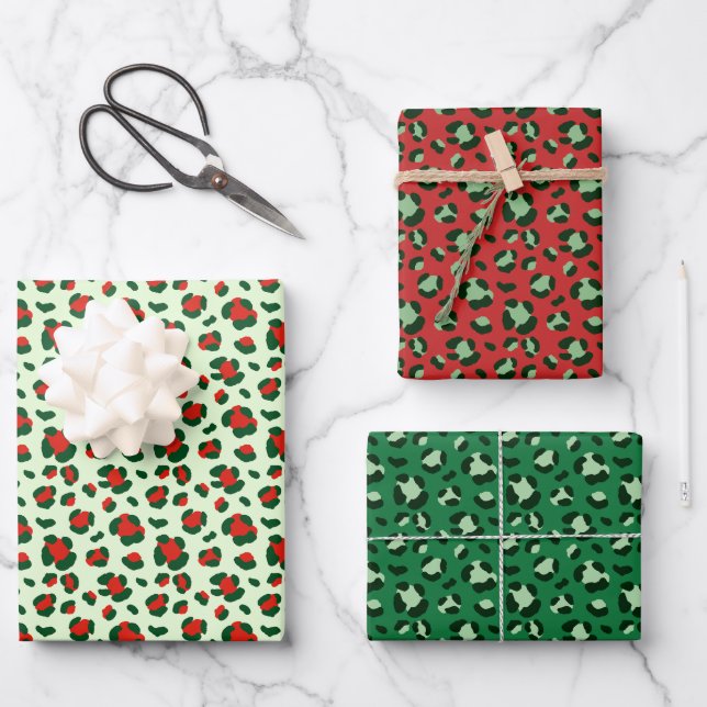 Fun Christmas Leopard Print Trio Mix Wrapping Paper Sheet (Front)