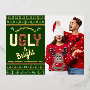 Fun Christmas Photo Nordic Ugly Sweater Real Gold Foil Holiday Postcard