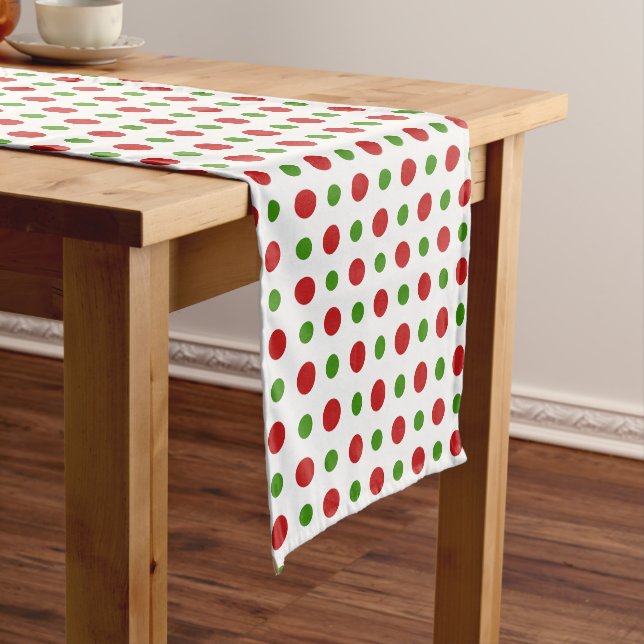 Fun Christmas Red and Pine Green Polka Dots Short Table Runner (In Situ)