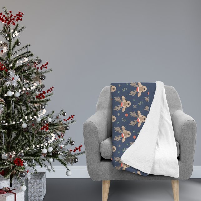 Fun Christmas Reindeer Pattern Monogram | Blue Fleece Blanket (Creator Uploaded)
