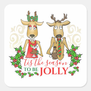 Fun Christmas Reindeer with Drinks Tis the Season Square Sticker