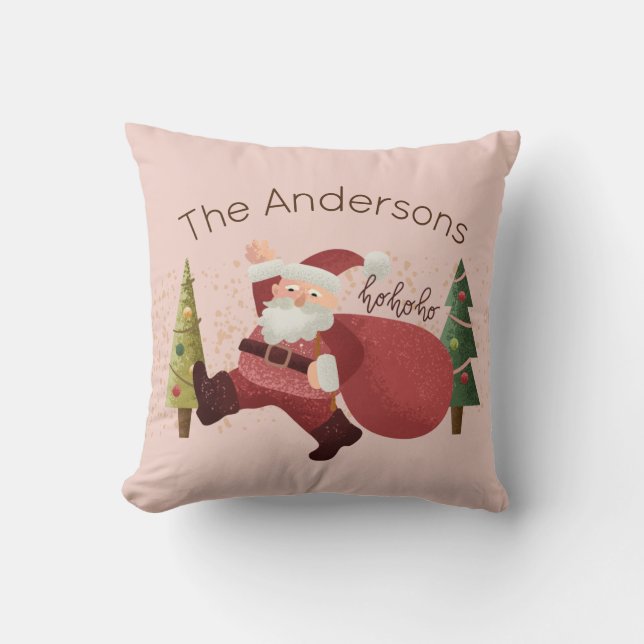 Fun Christmas Santa Illustration Family Name Pink Throw Pillow (Front)