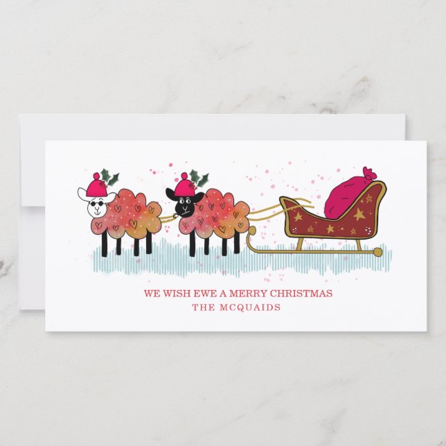 Fun christmas sheep pulling santas sleigh holiday card (Front)