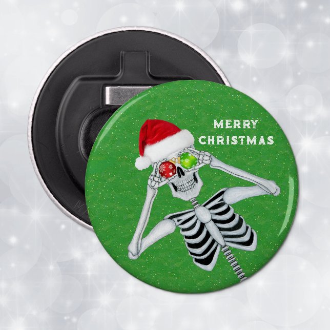 fun Christmas Skeleton Santa Hat Ornaments Green Bottle Opener (Funny Merry Christmas Skeleton ornament eyeballs Santa Hat on green magnet bottle opener.)