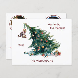 Fun Christmas Tree Dangling Cat 3 Photo Holiday Card