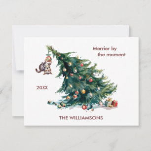 Fun Christmas Tree Dangling Cat Personalize Holiday Card