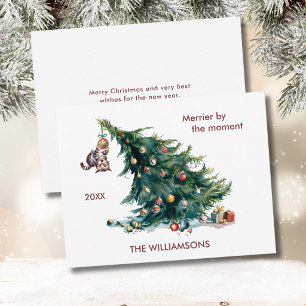 Fun Christmas Tree Dangling Cat Personalize Holiday Card