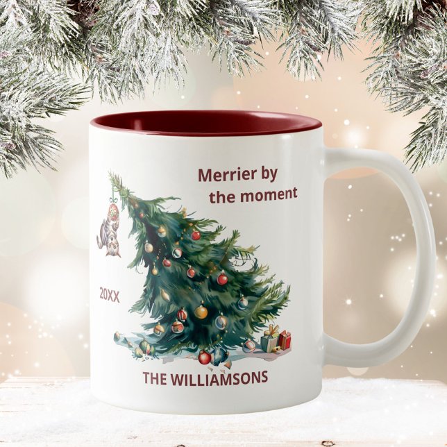 Fun Christmas Tree Dangling Cat Personalize Two-Tone Coffee Mug (Creator Uploaded)