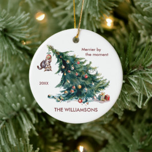 Fun Christmas Tree Dangling Cat Photo Ceramic Ornament