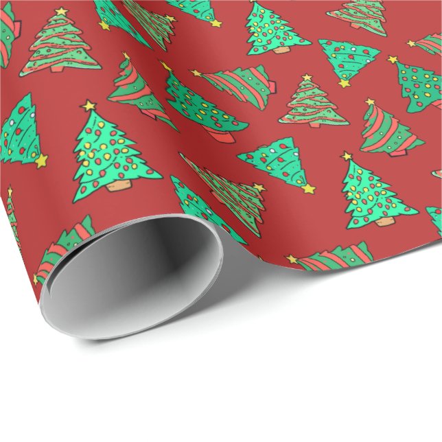 Fun Christmas Trees | Red Patterned Wrapping Paper (Roll Corner)