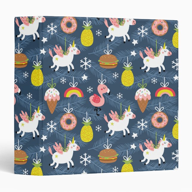 Fun Christmas Unicorns and Flamingos Pattern Binder (Front/Spine)
