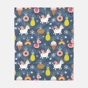 Fun Christmas Unicorns and Flamingos Pattern Fleece Blanket