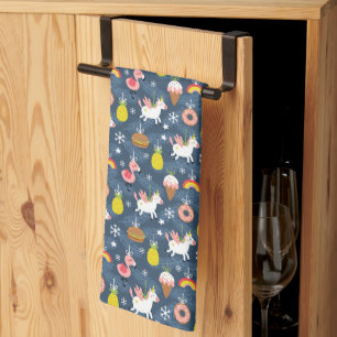Fun Christmas Unicorns and Flamingos Pattern Kitchen Towel