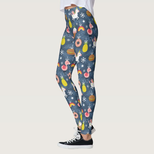 Fun Christmas Unicorns and Flamingos Pattern Leggings (Left)