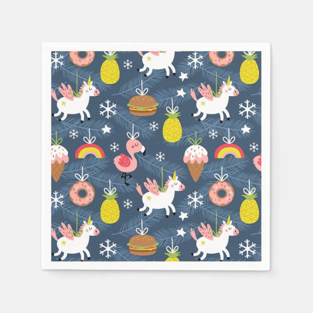 Fun Christmas Unicorns and Flamingos Pattern Napkin (Front)