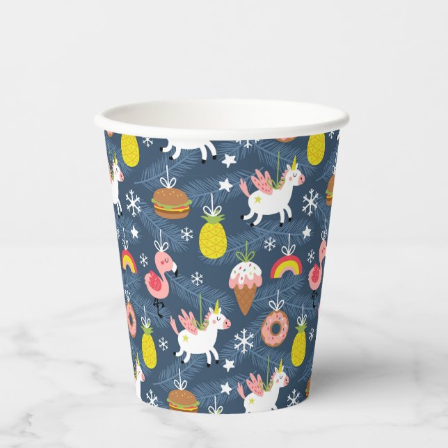 Fun Christmas Unicorns and Flamingos Pattern Paper Cups (Front)
