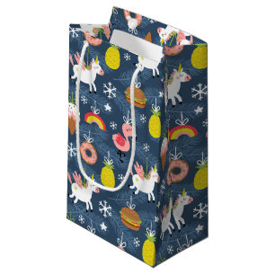Fun Christmas Unicorns and Flamingos Pattern Small Gift Bag
