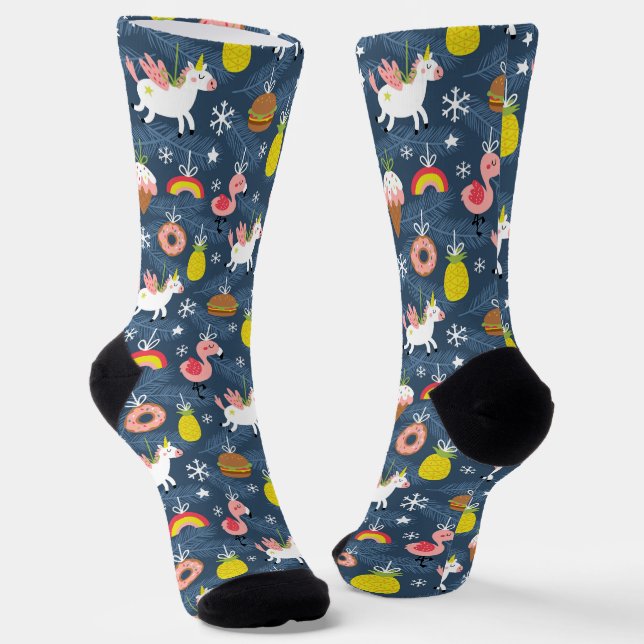Fun Christmas Unicorns and Flamingos Pattern Socks (Angled)