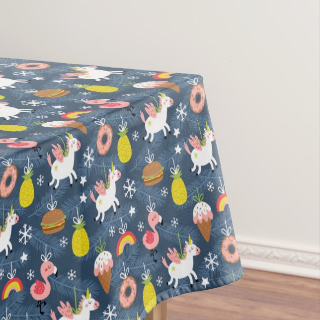 Fun Christmas Unicorns and Flamingos Pattern Tablecloth (In Situ)