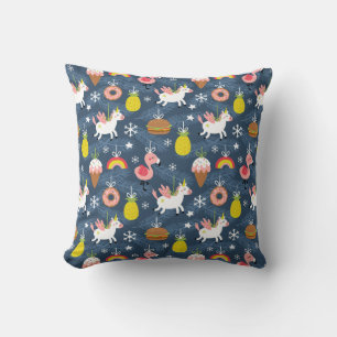 Fun Christmas Unicorns and Flamingos Pattern Throw Pillow