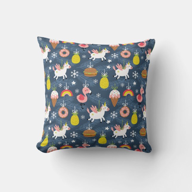 Fun Christmas Unicorns and Flamingos Pattern Throw Pillow (Front)