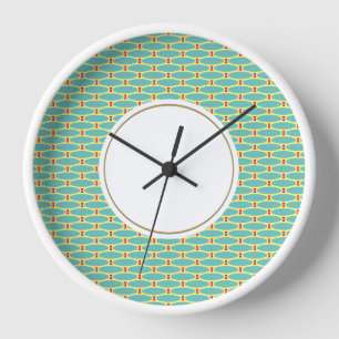 Fun Circular Aqua White Yellow Geometric Pattern Clock