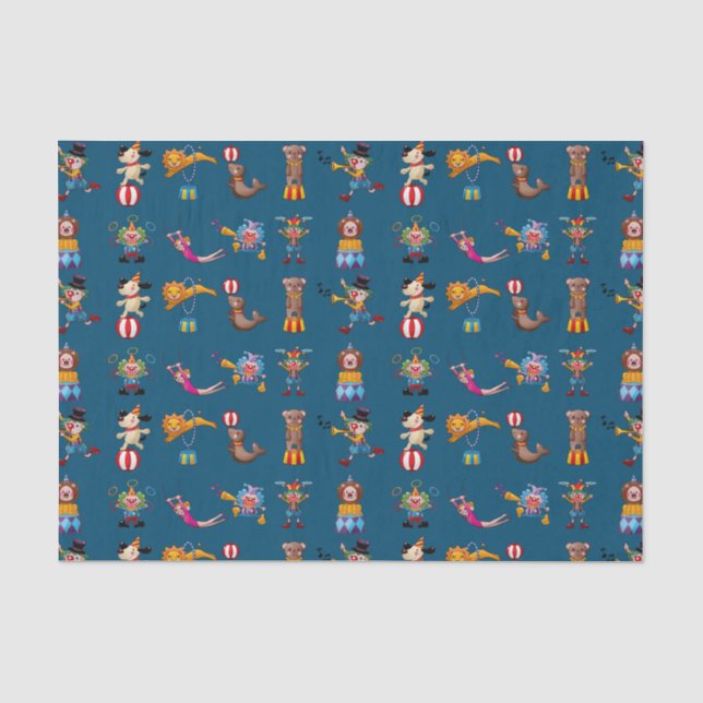Fun Circus Party Acts Cartoon Pattern Blue Tissue Paper (Front)