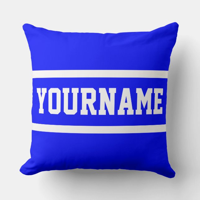 Fun Classy Bright Blue Athletic Text White Stripes Throw Pillow (Front)