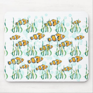 Fun Clown Fish Orange White Black Blue Bubbles Mouse Pad