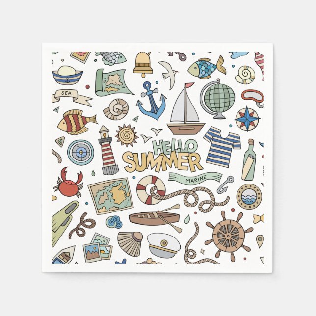 Fun Coastal Beach Illustrations  Napkin (Front)