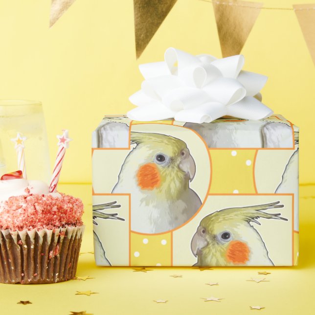 Fun Cockatiel Birthday Pattern Orange Yellow Bird Wrapping Paper (Birthday Party)