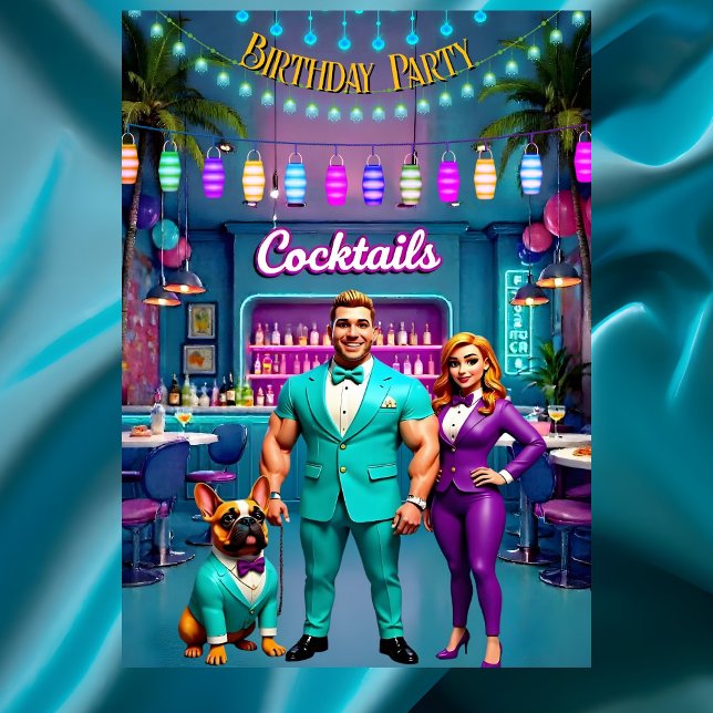 Fun Cocktail Bar Birthday Party Couple Bulldog Invitation (Creator Uploaded)