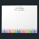 Fun Colored Pencils Note From School Teacher<br><div class="desc">Larger A note from School Teacher notepad personalized with the teacher's name above colorful bunting banners and a row of colored pencils, some with patterns, in soft rainbow colors. The large notepad has a big blank area on which you can write down your notes or messages. Kindergarten teacher notepad with...</div>