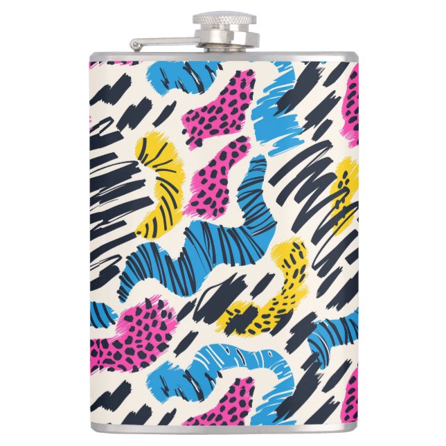 Fun colorful abstract drawing of animal patterns hip flask (Front)
