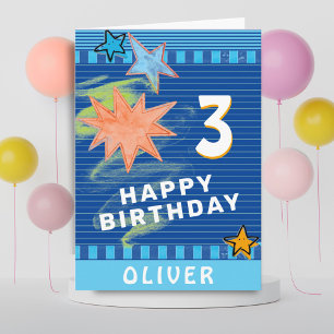 Fun Colorful Blue Drawing Stars Kid`s Birthday Card