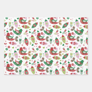 Fun Colorful Folk Art Partridges Christmas  Wrapping Paper Sheet