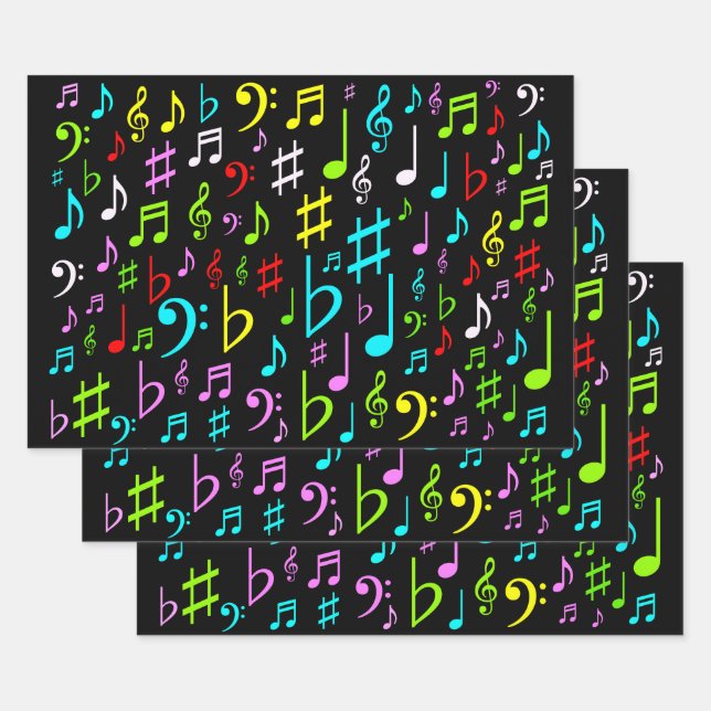 Fun, Colorful Musical Notes & Symbols Pattern Wrapping Paper Sheet (Set)