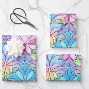 Fun Colorful Stained  Glass Window Flower Patterns Wrapping Paper Sheet