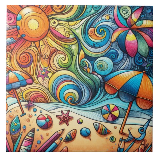 FUN COLORFUL SWIRLS BEACH SCENE TILE (Front)