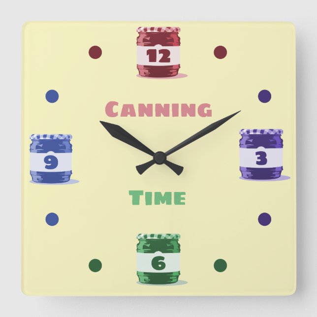 Fun Colorful Whimsical Canning Time Square Wall Clock (Front)